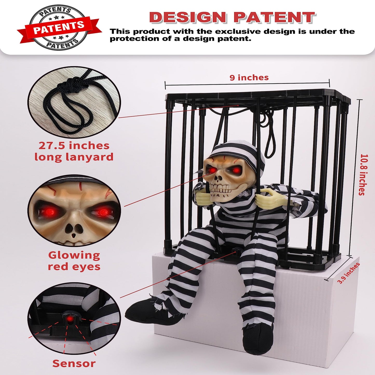 Animated Skull Prisoner with Motion Sensor Lunge and Red LED Eyes for Halloween