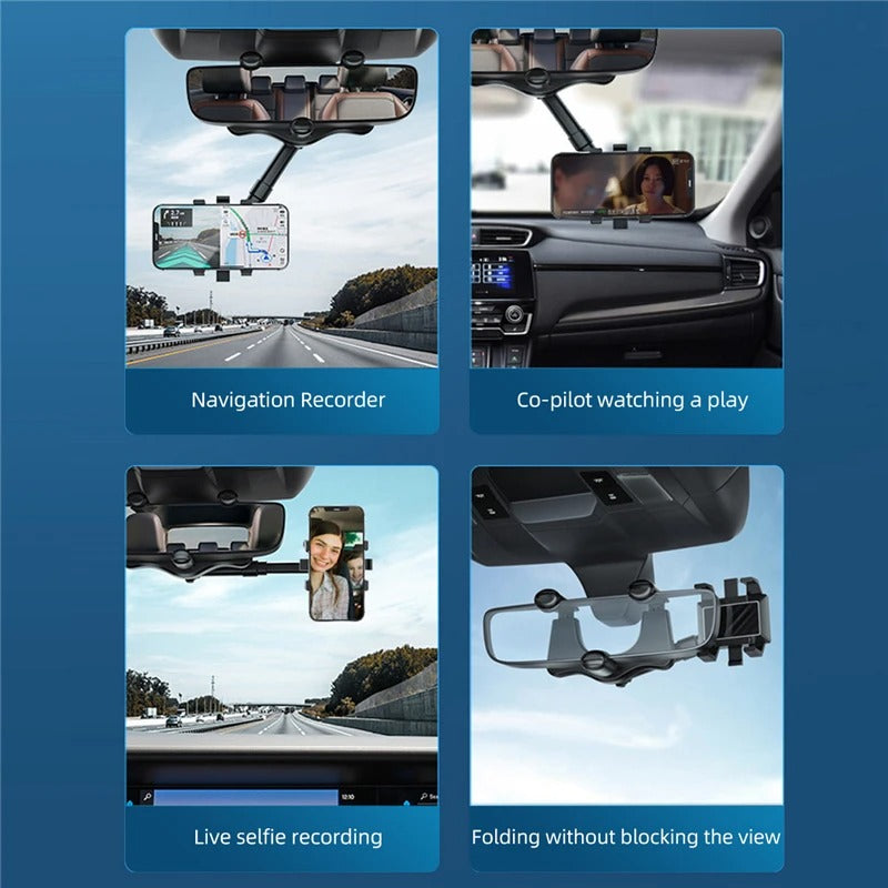 Phone Holder with 360 Degree Rotation and Four Jaw Grip for Rearview Mirror
