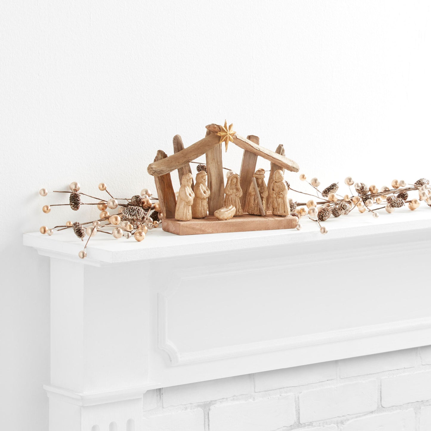 Nativity Creche Set with Driftwood Stable and Gold Washed Figures, Metal Star