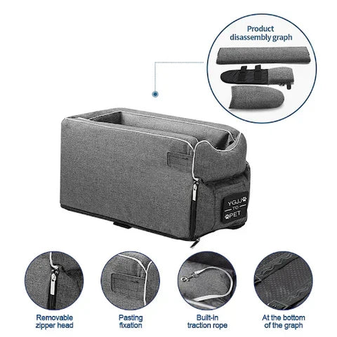 Small Pet Car Seat with Safety Lanyard and Four-Sided Walls for Dogs and Cats