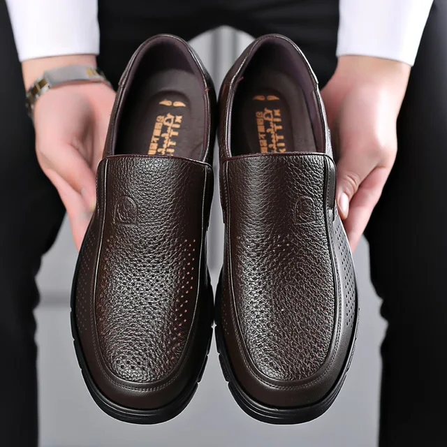 Men's Slip-On Loafers with Flat Sole and Breathable Cowhide Upper