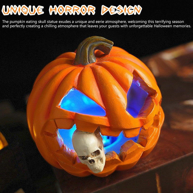 Carved Jack O'Lantern Ornament with Skull Insert and Resin Construction