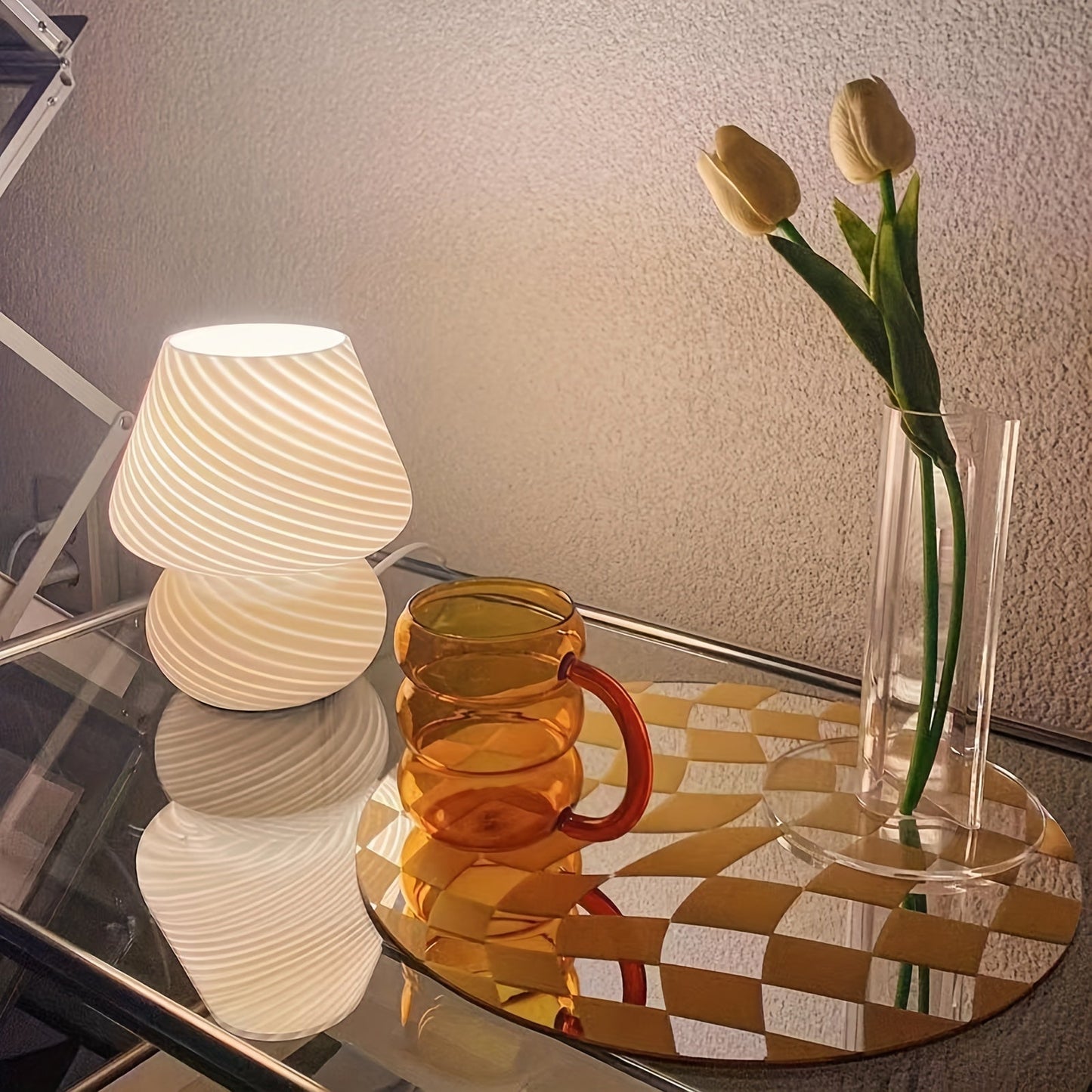 Glass Mushroom Table Lamp with Stepless Dimming and Integrated LED, Swirled Stripe Pattern