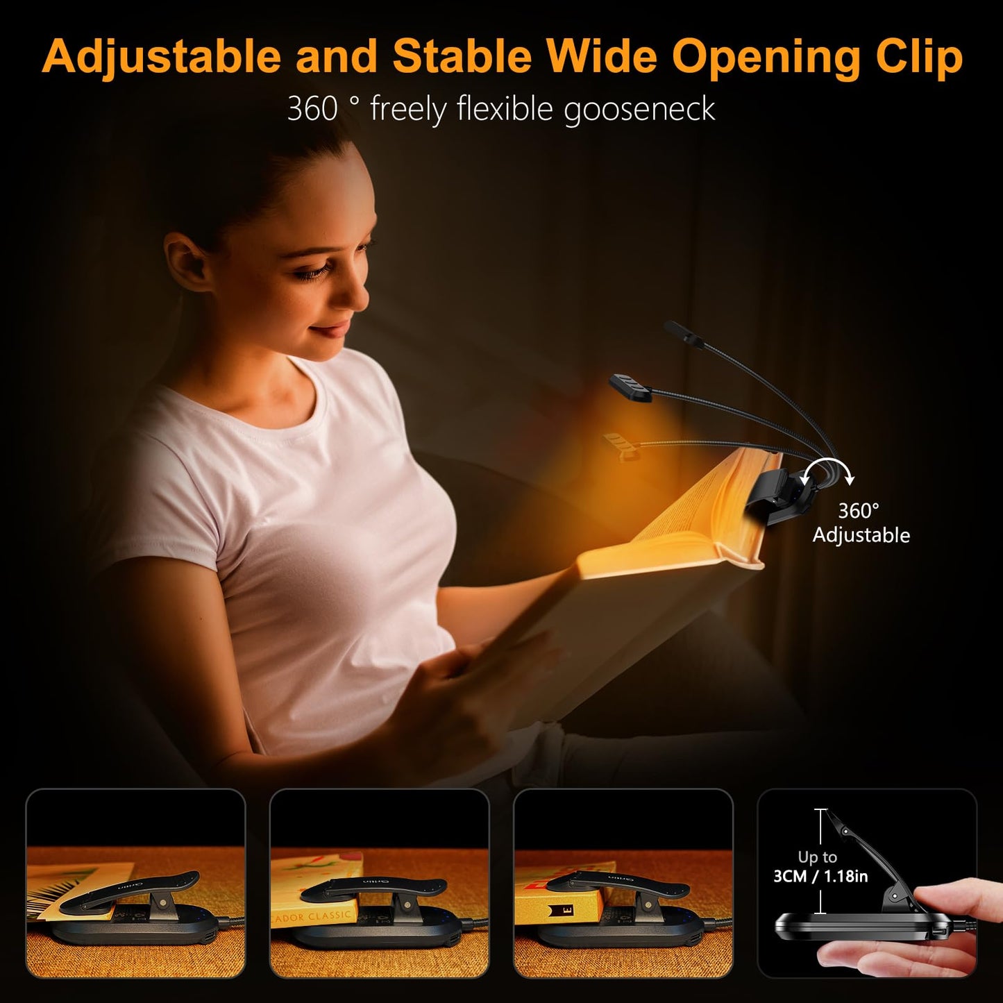 Rechargeable Book Light with Wide Horizontal Head and 360 Degree Flexible Neck, USB-C