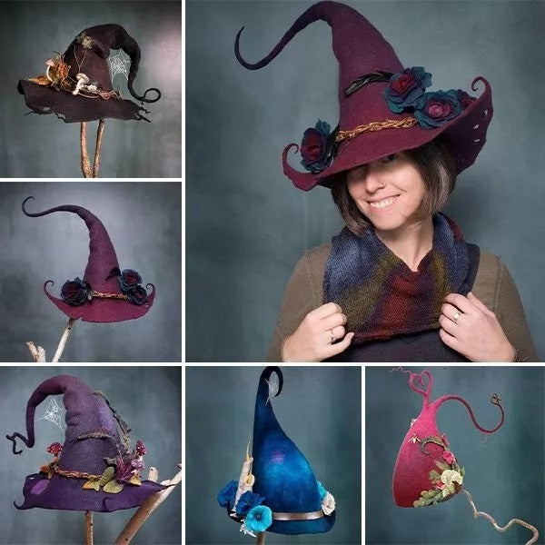 Felt Witch Hat with Chiffon Trim and Adjustable Fit, Handmade Wool, Storage Pouch