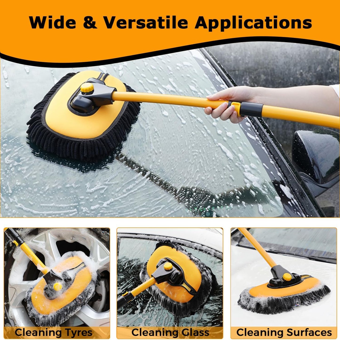 Telescopic Car Wash Brush with Rotating Head and Microfiber Chenille Bristles, Extends 19.69-40.16 inches