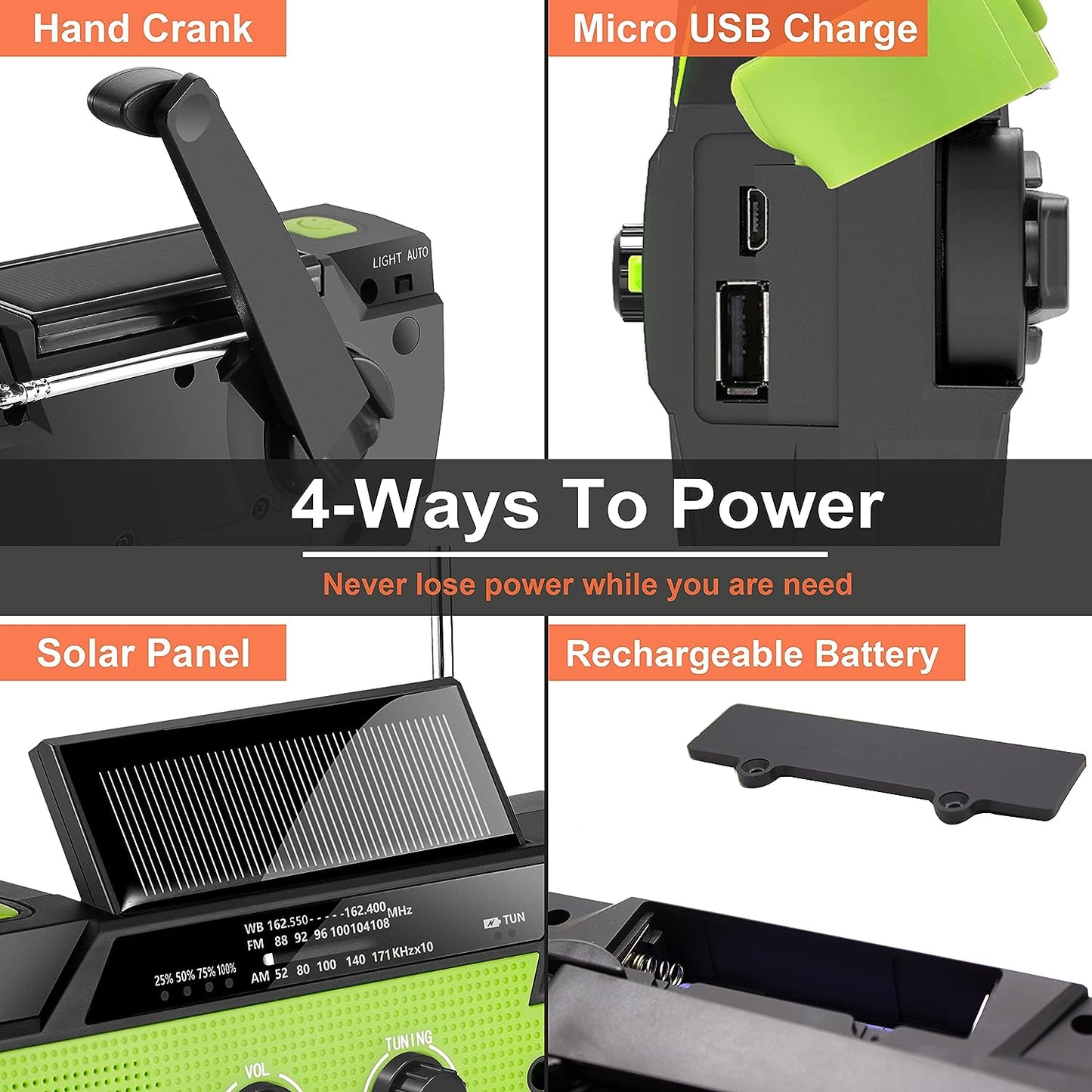 Weather Alert Radio with Hand Crank and Solar Charging, 4000mAh Battery