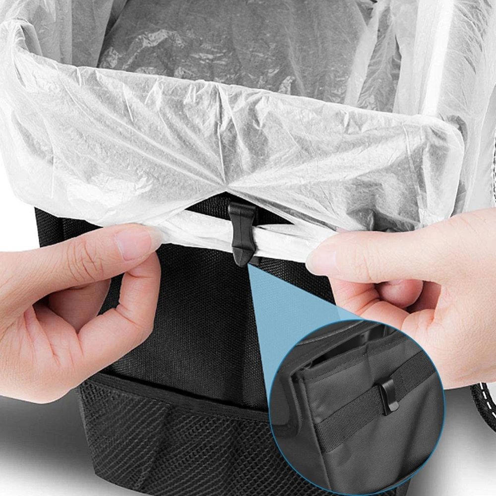Collapsible Car Trash Bin with Waterproof Nylon and Adjustable Straps, Side Pockets