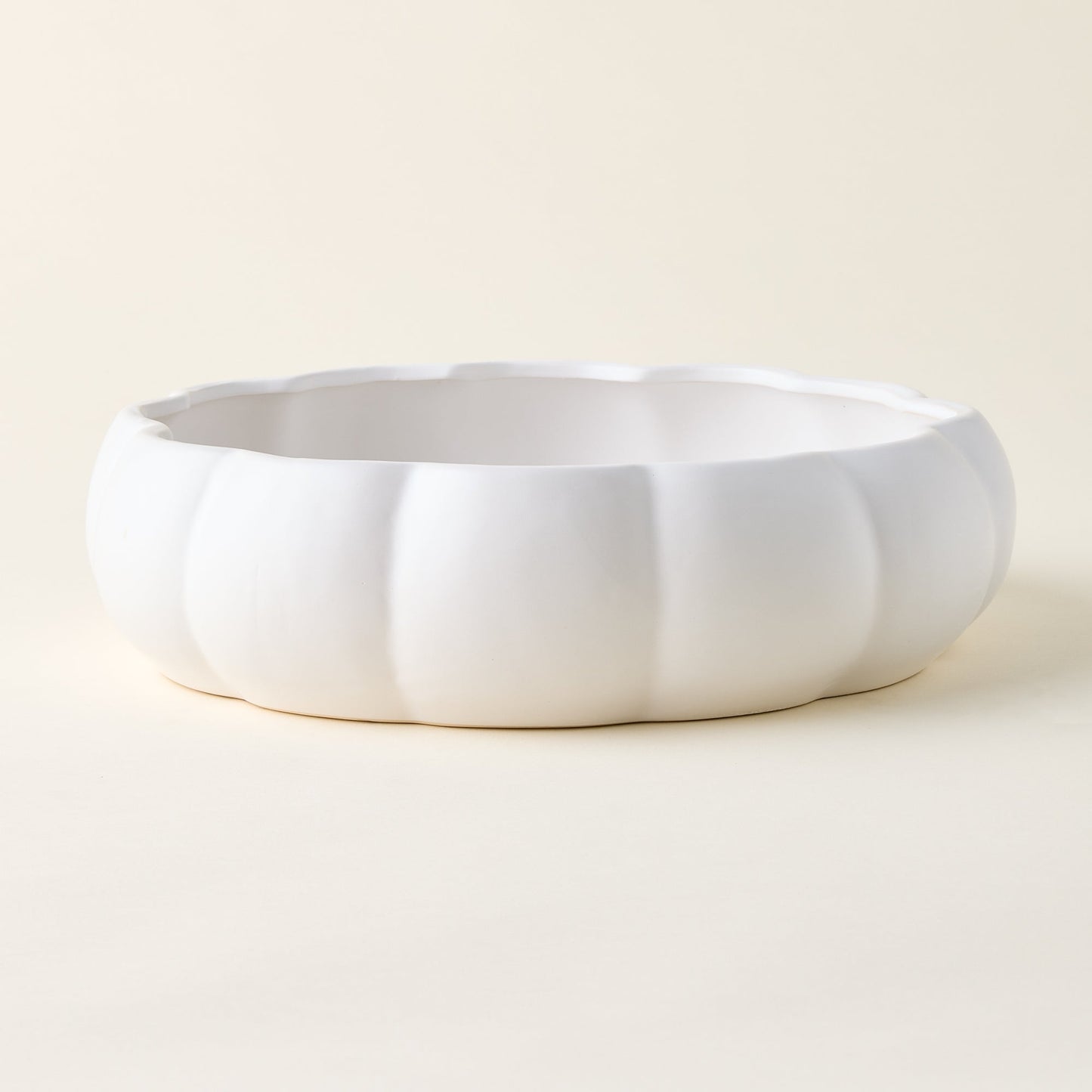 Stoneware Serving Bowl with Pumpkin Shape and Matte White Finish, 14-Inch