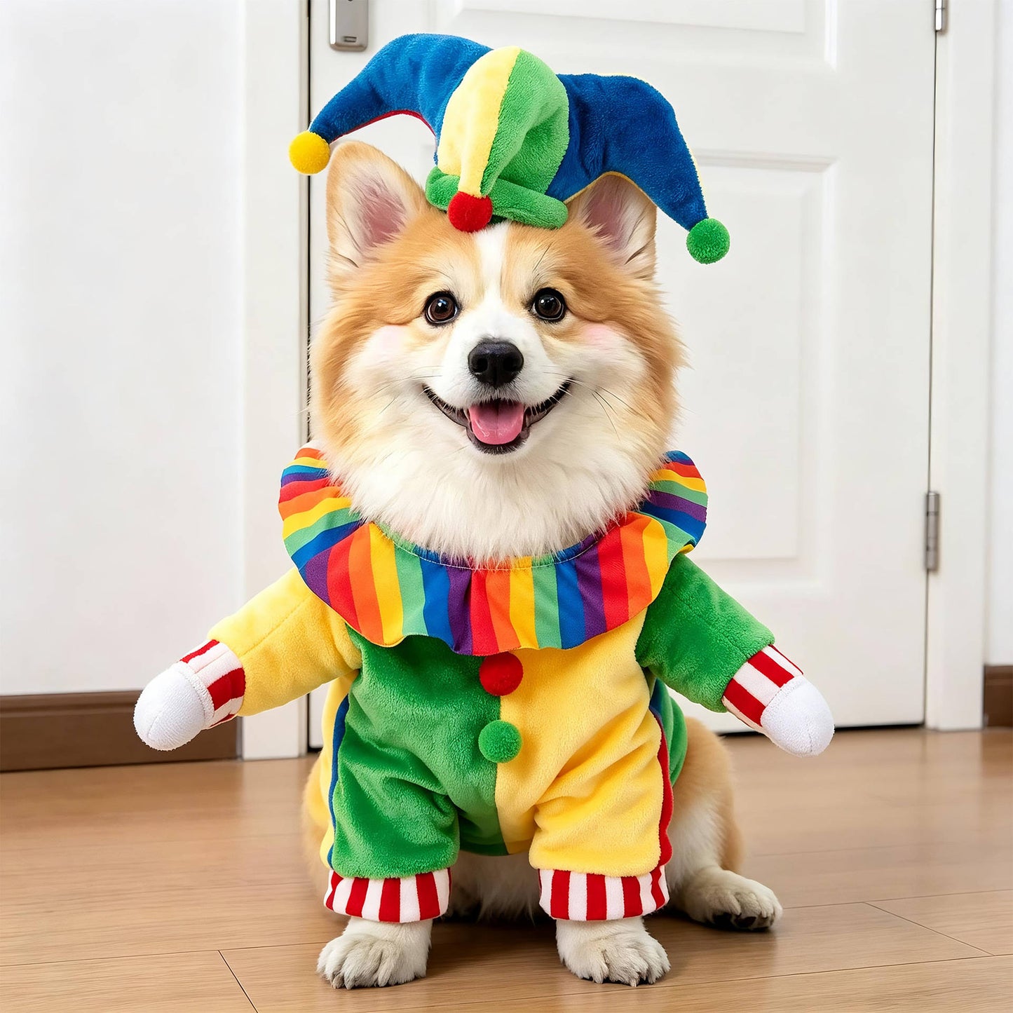 Clown Dog Costume, Creepy Halloween Costume with Fake Arms and 3D Walking Look for Trick or Treating