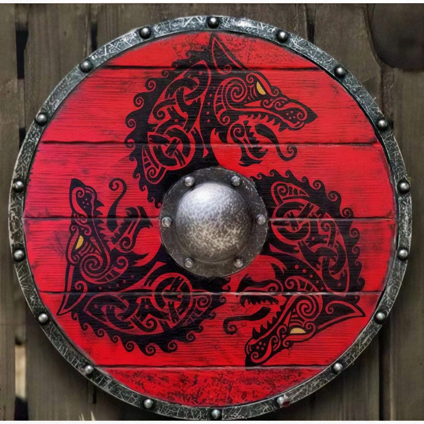 Wooden Viking Shield with Double Raven Design and Battleworn Finish, 12 Inch