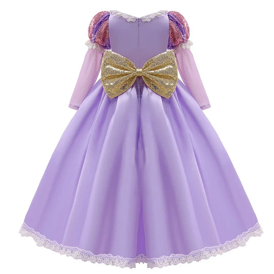 Girls Ball Gown Dress with Puff Sleeves and Applique Detailing, Mid Calf Length