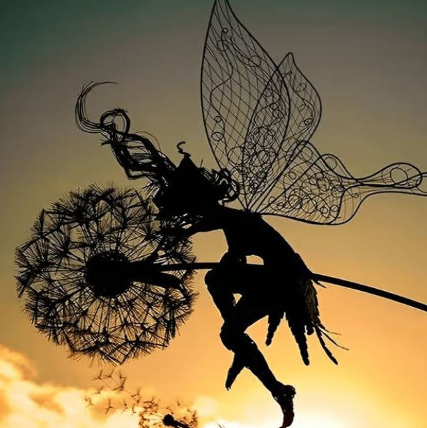 Mygametables Fairy Steel Garden Sculpture, Metal Fairy on Dandelion