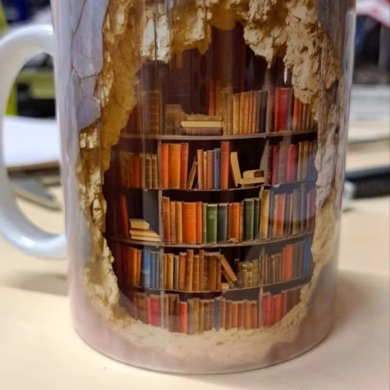 MGT 3D Library Bookshelf Mug, Ceramic Coffee Mug for Book Lovers