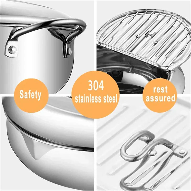 Stainless Steel Tempura Pan with Built-in Thermometer for Even Frying