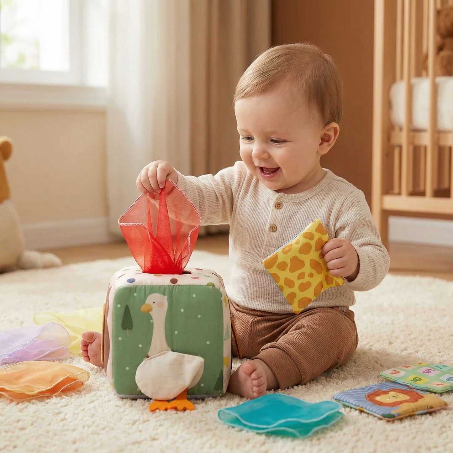 Sensory Tissue Box with Crinkle Fabric and Varied Textures for Babies