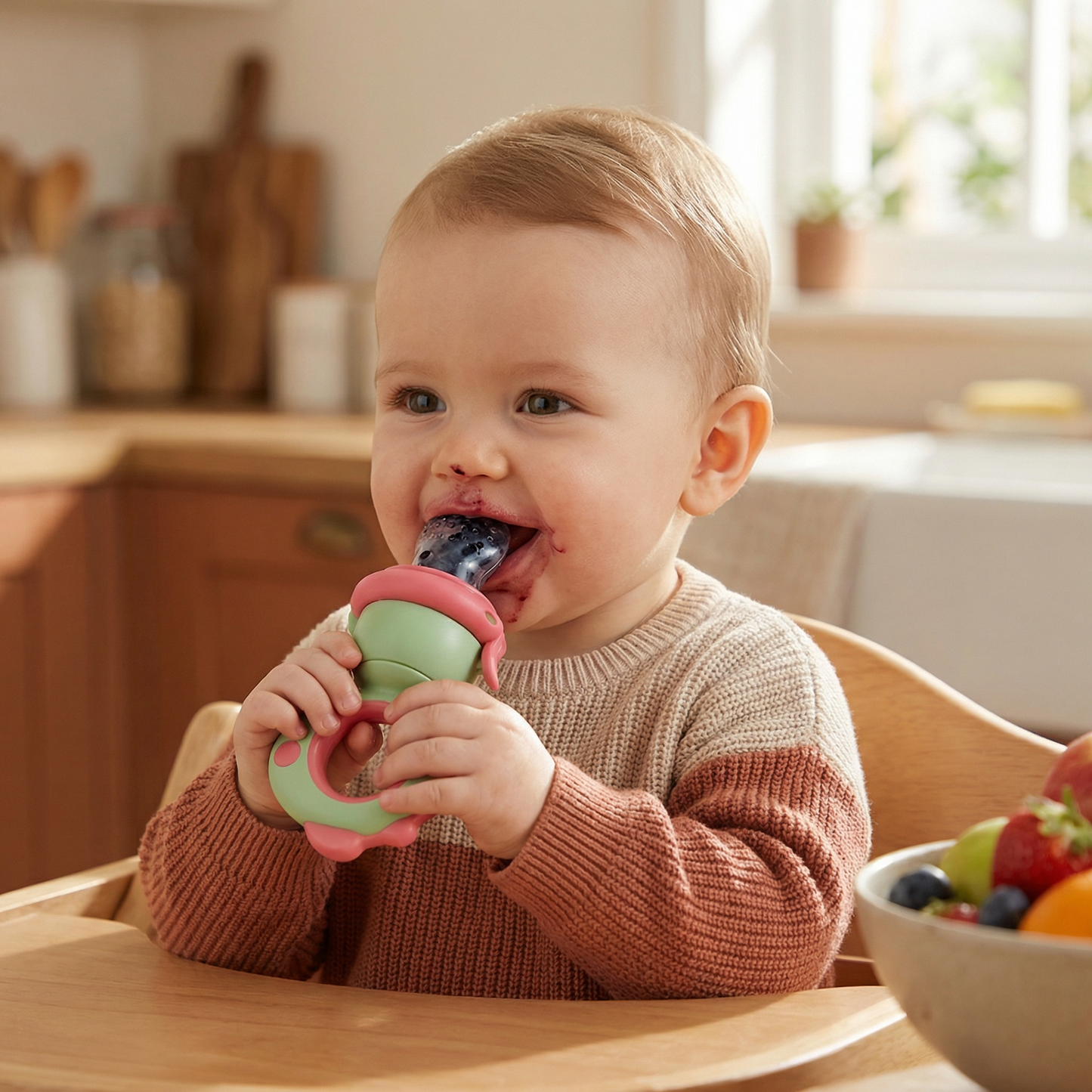 Silicone Fruit Feeder with Press Plunger and Teething Relief for Babies