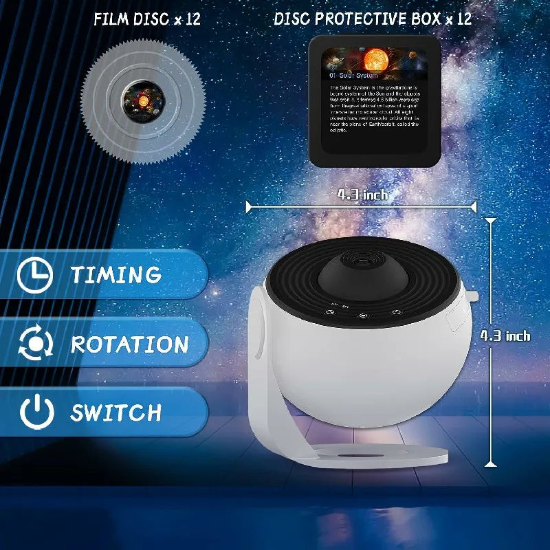 Rotating Galaxy Projector with 12 Film Discs and Manual Focus, Silent Operation