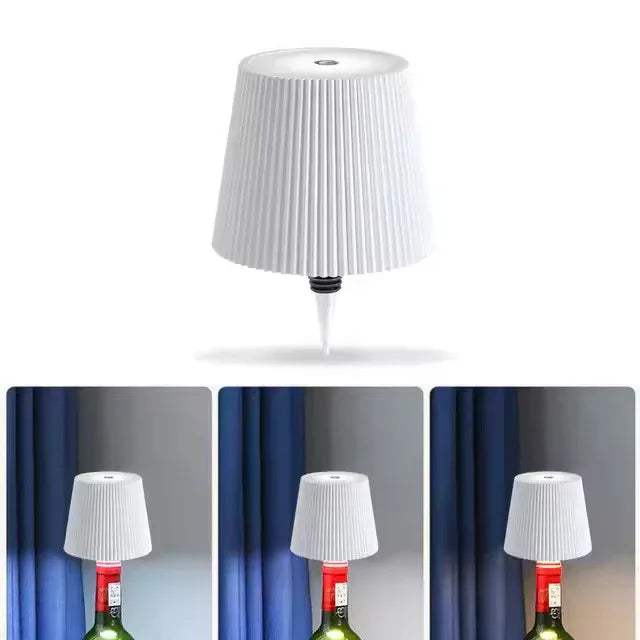 White pleated LED Bottle Table Lamp on a white background with three additional views of the lampshade on bottles.
