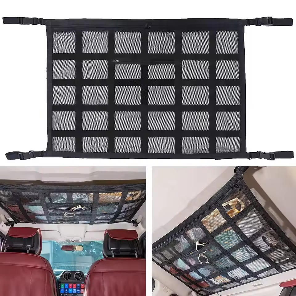 Overhead Vehicle Storage Net with Zipper Access and Buckle Mounting