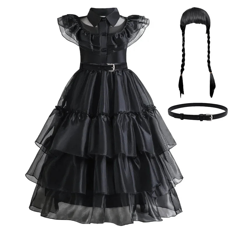 Girls Black Layered Cake Gown with Mesh Details and Mid Calf Length