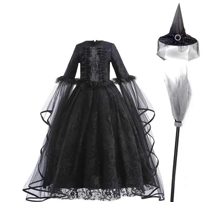 Girls Evil Queen Cosplay Dress with Lace Ruffle Details and Mid Calf Length, Ages 4-6