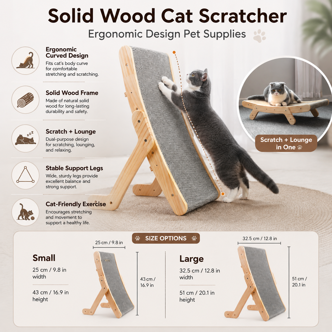 Curved Wood Cat Scratcher with Textured Surface and Slope Design
