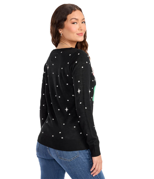 Womens Black Christmas Sweater with Santa Riding a Unicorn Design