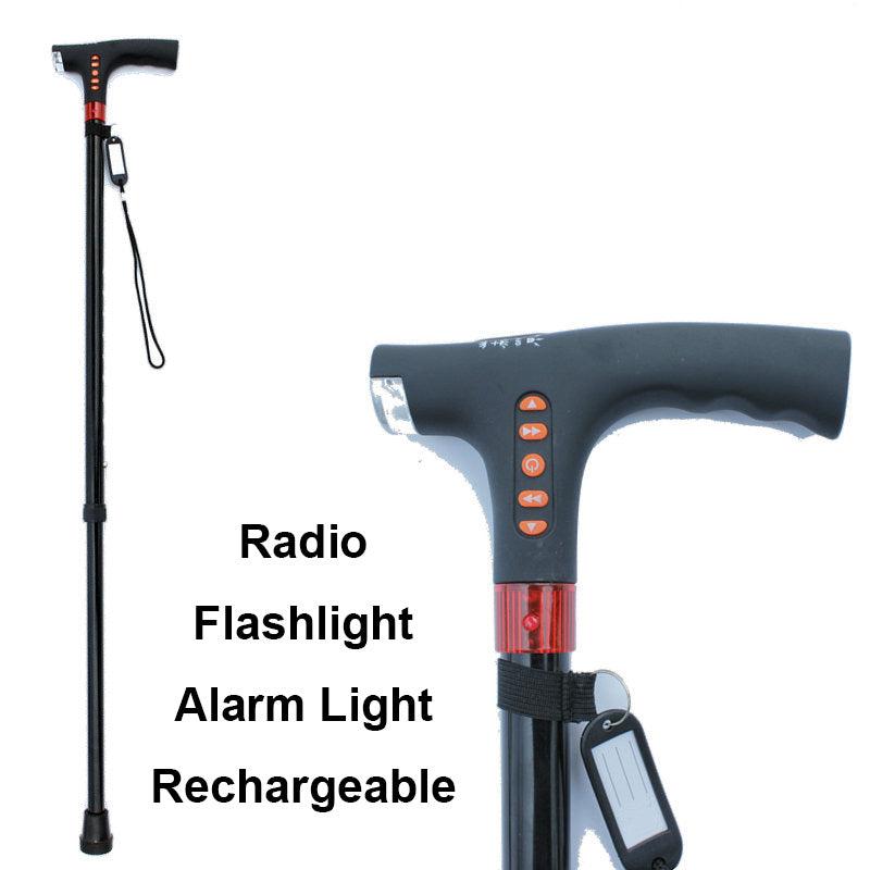 Adjustable Walking Stick with LED Flashlight and Built-In Radio, Collapsible