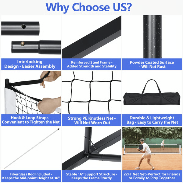 22ft Portable Pickleball and Tennis Net with Stand and Carry Bag for Outdoor Play