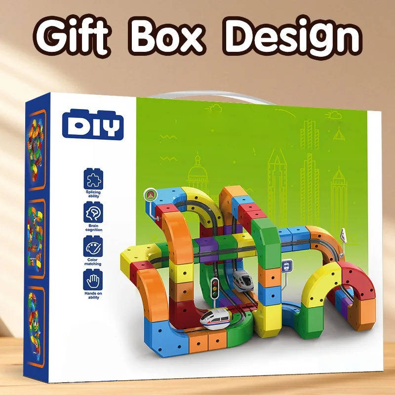 Motorized Magnetic Train Set with Flexible Track Cubes and Traffic Signs