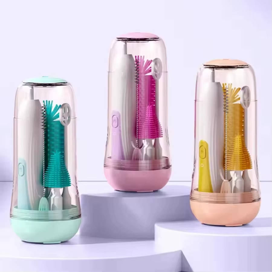 6 Pack Electric Bottle Cleaning Brush Set, 360 Degree Rotating Silicone Baby Bottle Nipple Straw Cleaner Kit Waterproof