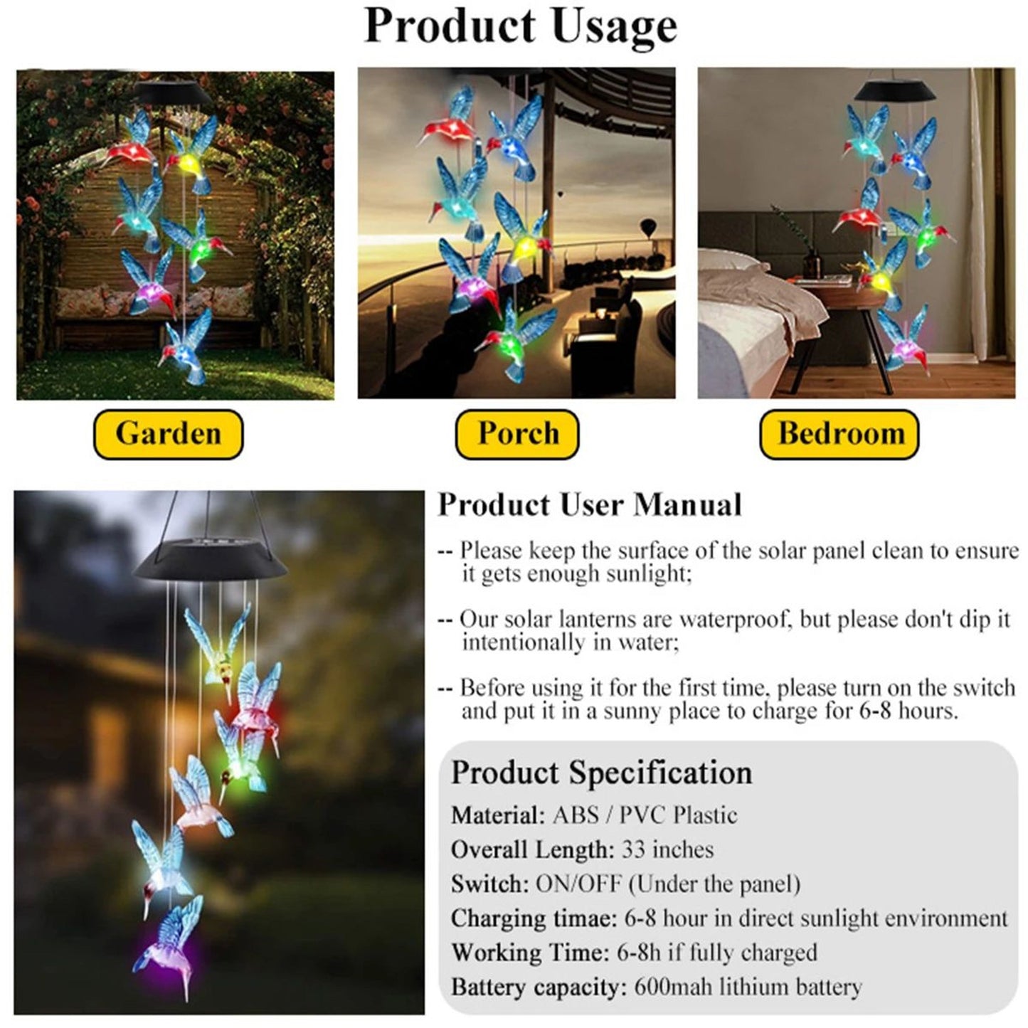 Solar Wind Chime Light with Color Changing Hummingbird Bulbs and Automatic Dusk Sensor for Gardens