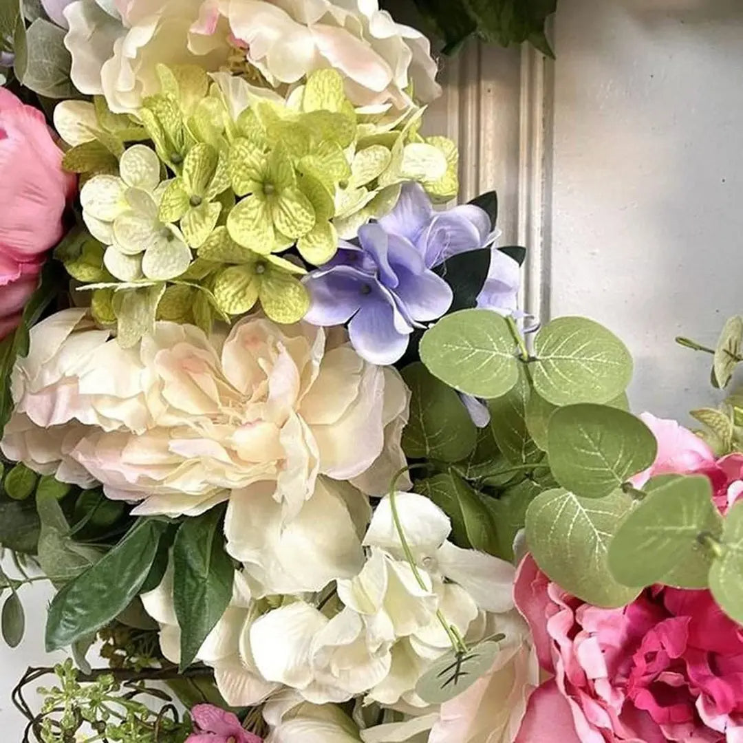 Synthetic Hydrangea Wreath with Rainbow Blooms and Green Foliage
