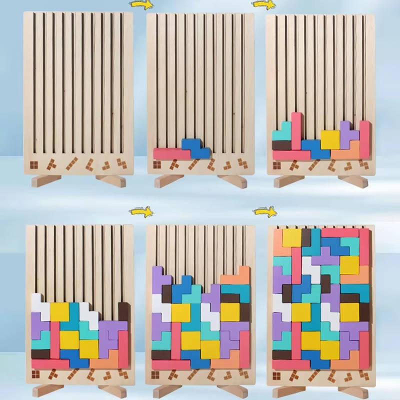 Wooden Puzzle Blocks with 42 Pieces and 10 Cards, Foldout Stand