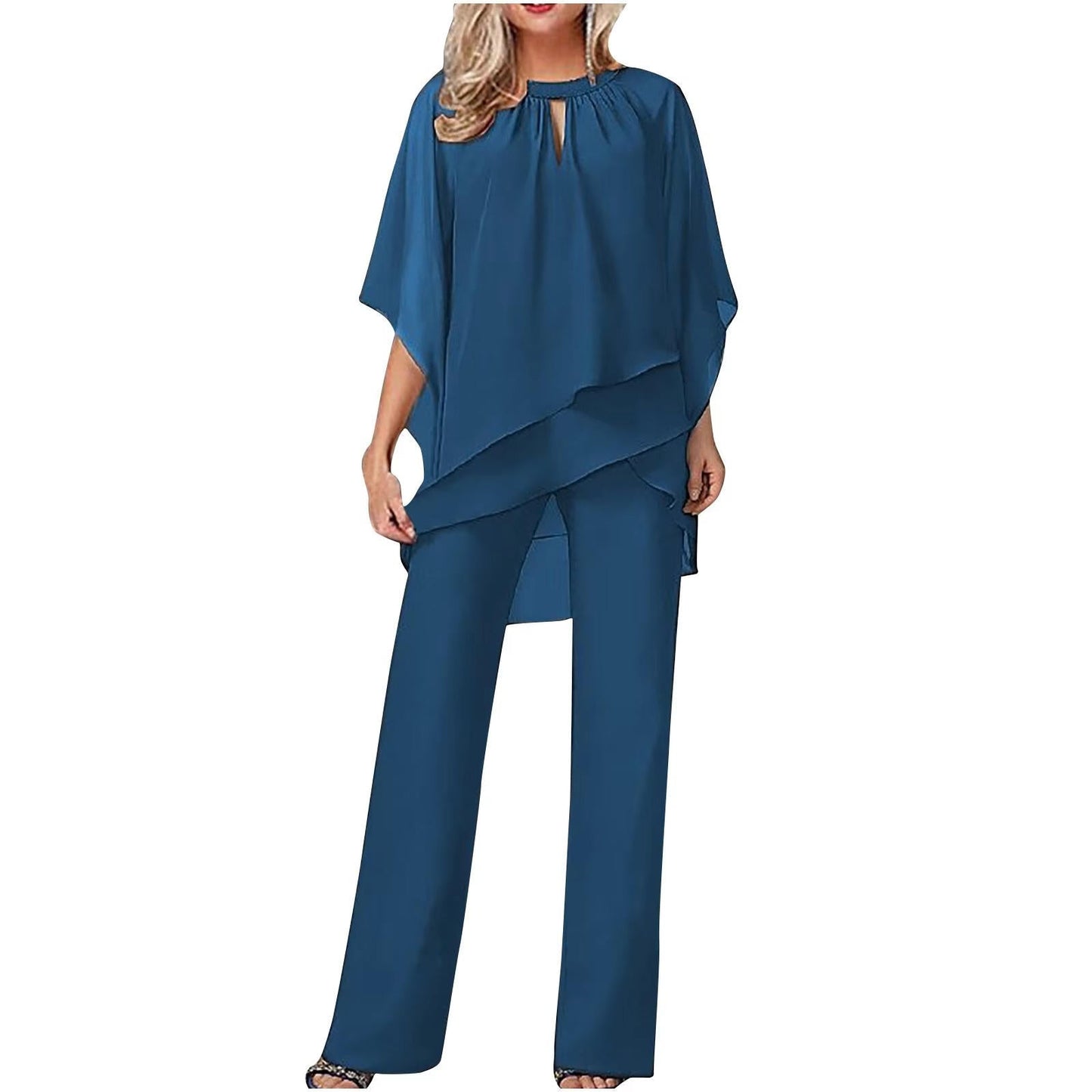 Chiffon Pantsuit with Batwing Sleeves and Shimmer Weave, Machine Washable