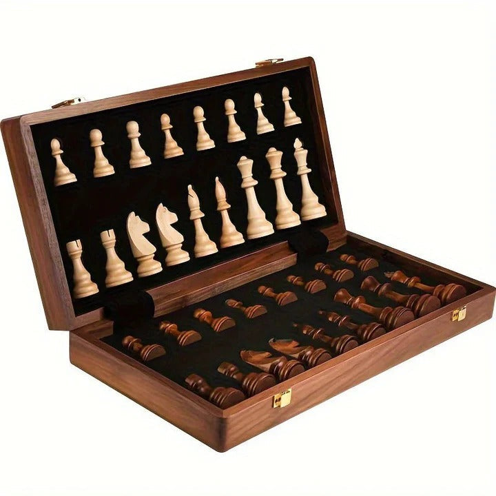 Foldable Wooden Chess Set with Magnetic Closure and Hand Carved Pieces, 15in Board