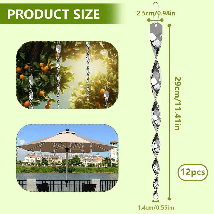 Reflective Bird Deterrent Spiral Rods with Wind Rotation and Hanging Cord, 12/24 Pack
