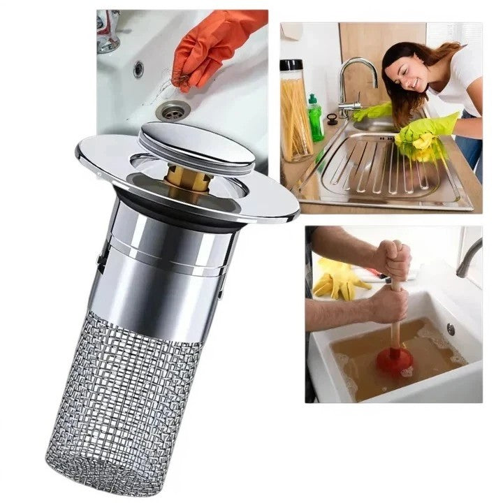 Pop Up Sink Stopper with Dual-Layer Odor Seal and Integrated Strainer, Toolless Install