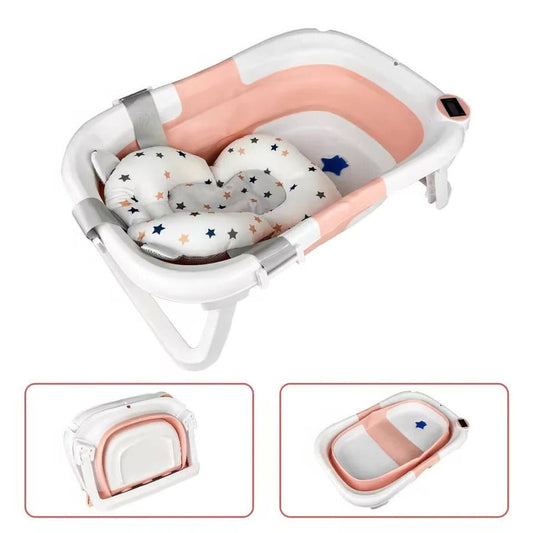 Newborn Bathing Tub with Temperature Alert and Soft Mat, Foldable Design