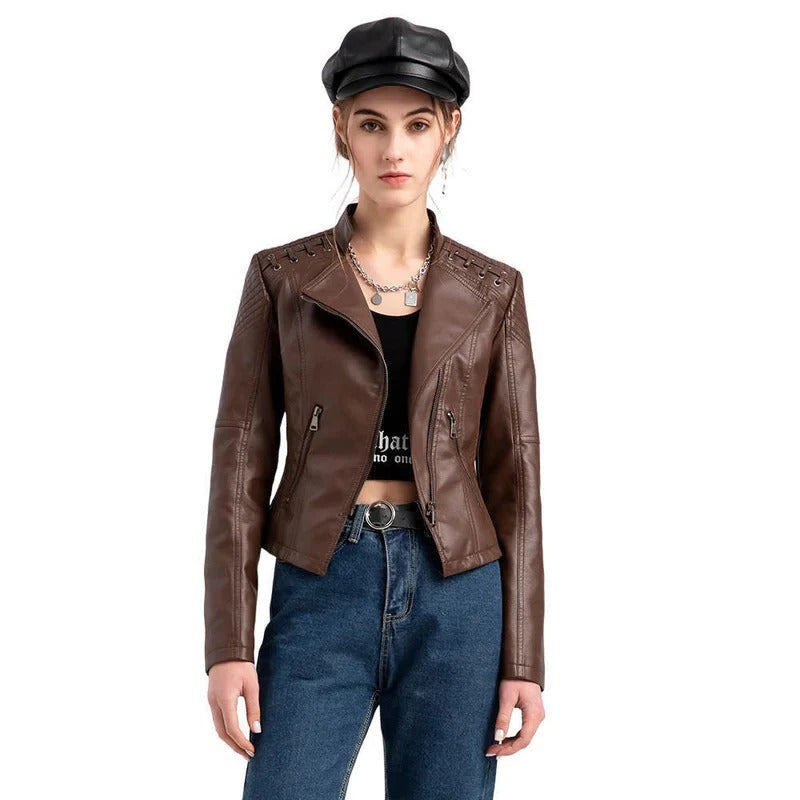Women's Leather Jacket Lambskin Material and Zipper Closure