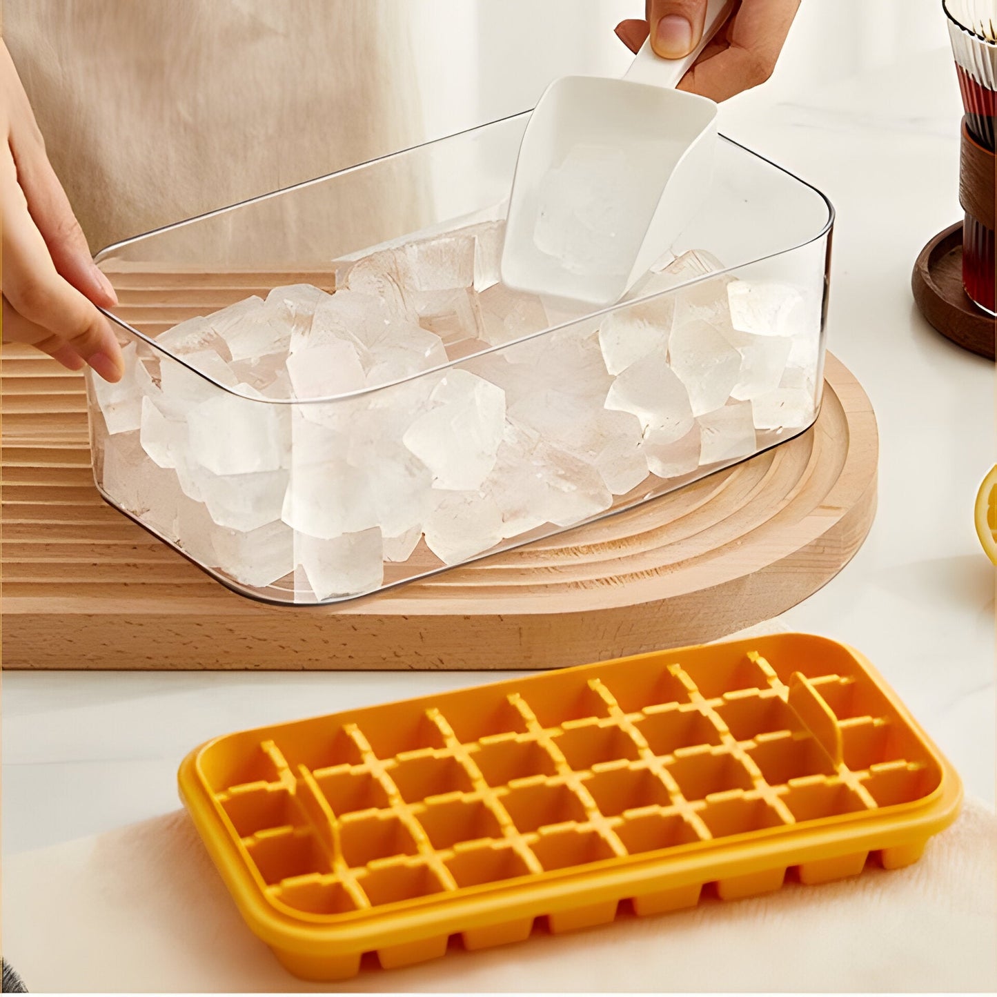 Ice Tray System with Push Release Mechanism and Storage Compartment, Includes Scoop