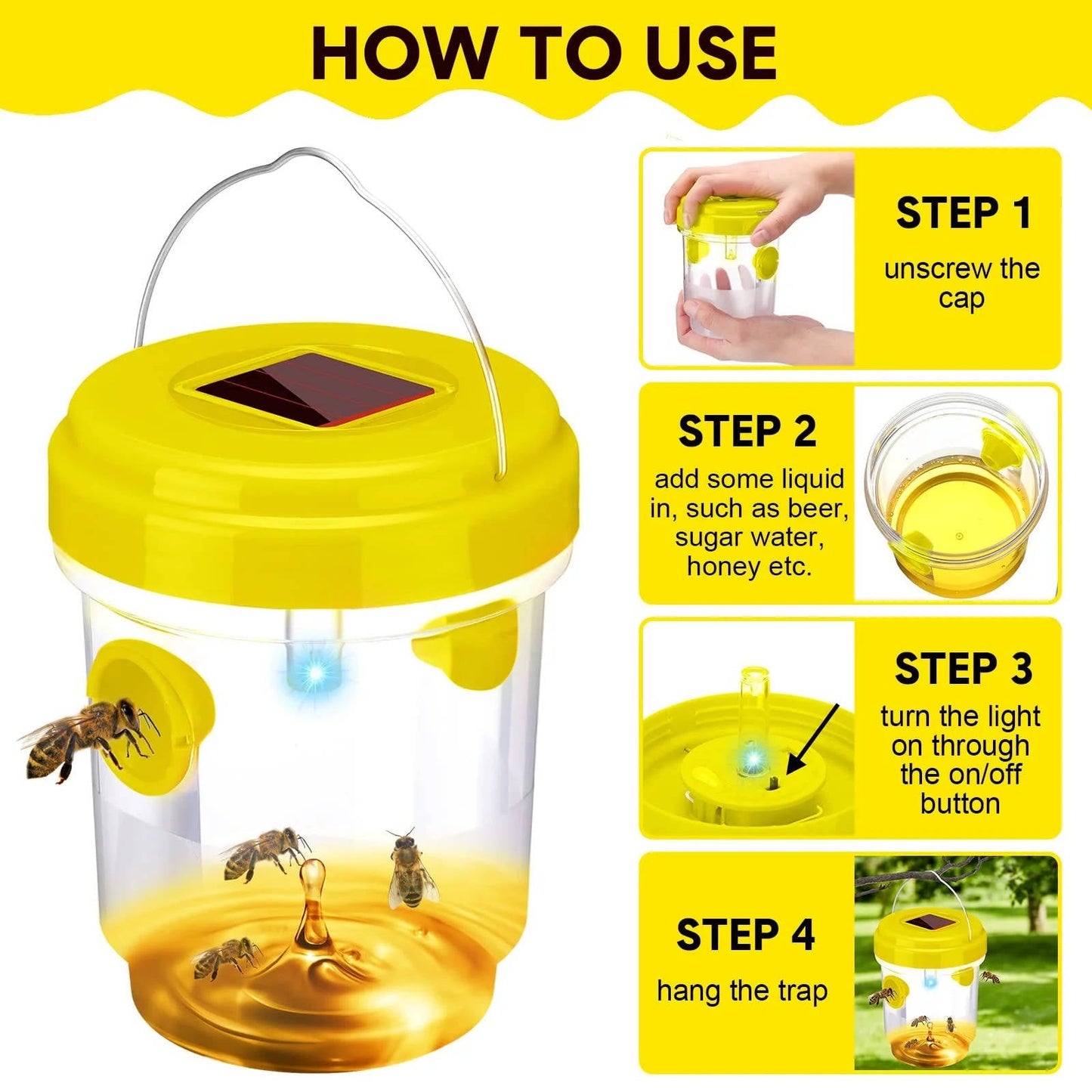 6 Packs Solar Wasp & Bee Trap with UV, Reusable, Outdoor
