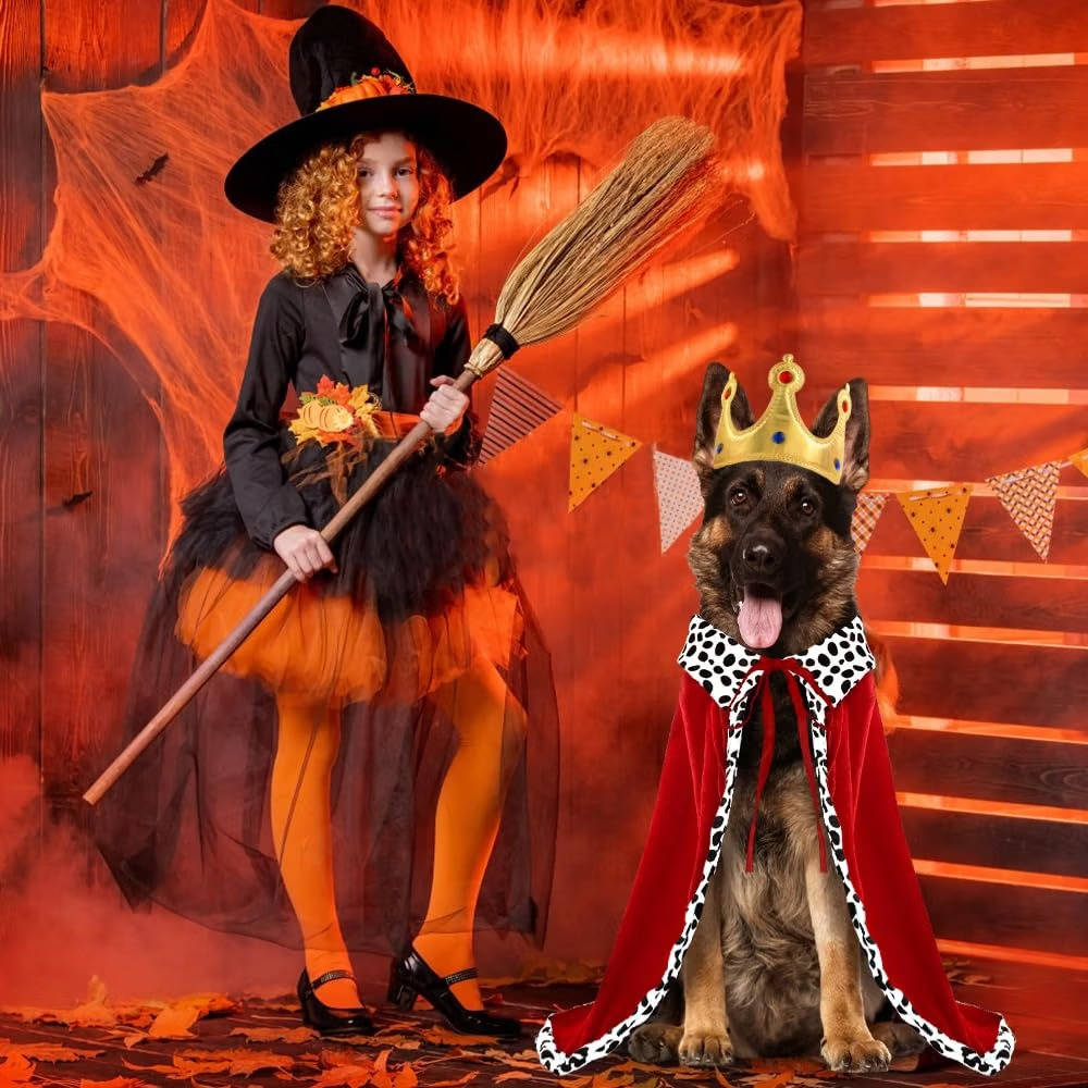 Halloween Dog King Costume, Royal Cape with Crown for Medium and Large Dogs, Pet Costume for Parties
