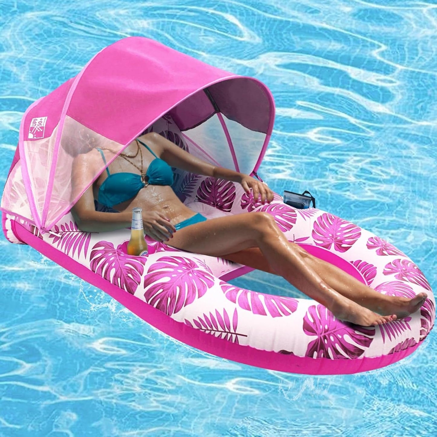 Pool Lounge Float with Canopy with Cup Holder, Backrest, Footrest for Adults, Heavy Duty, Inflatable