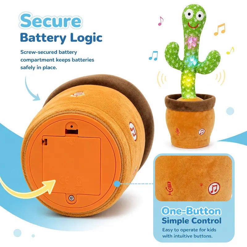 Dancing Cactus Toy, Interactive Talking & Singing Plush Toy, Repeats What You Say, LED Musical Toy for Toddlers