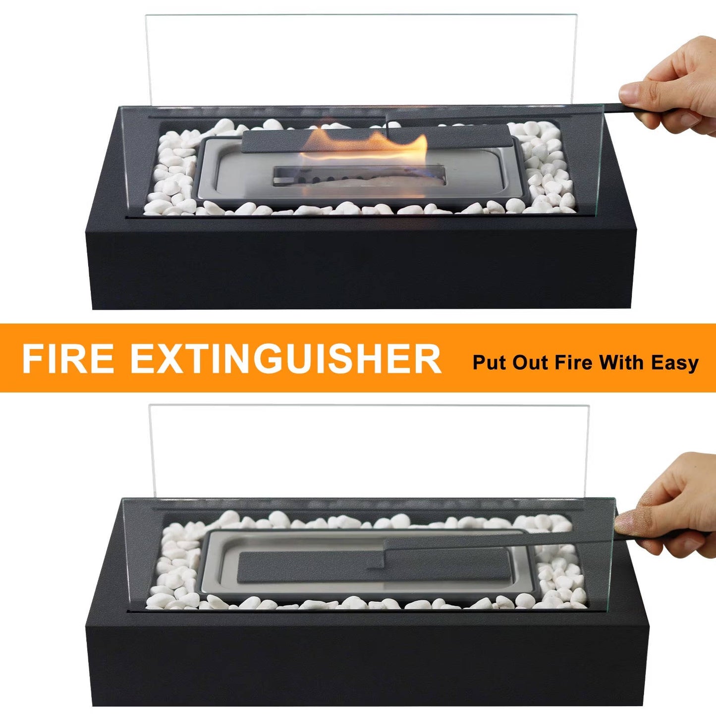 Tabletop Bio Ethanol Fireplace, Portable Rectangular Fire Pit with Dual Glass Wind Guard for Indoor Patio and Balcony