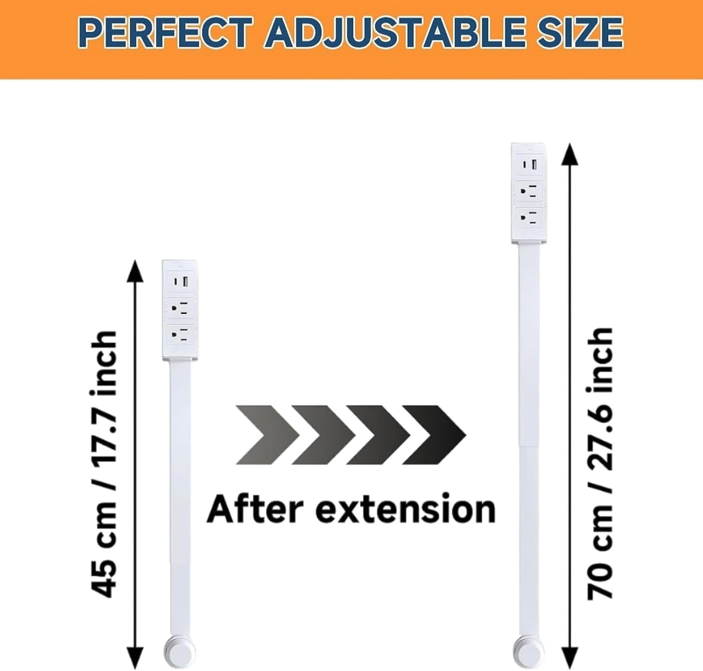 Telescopic Power Outlet Extender with Rotating Head and USB Charging, 18-28in