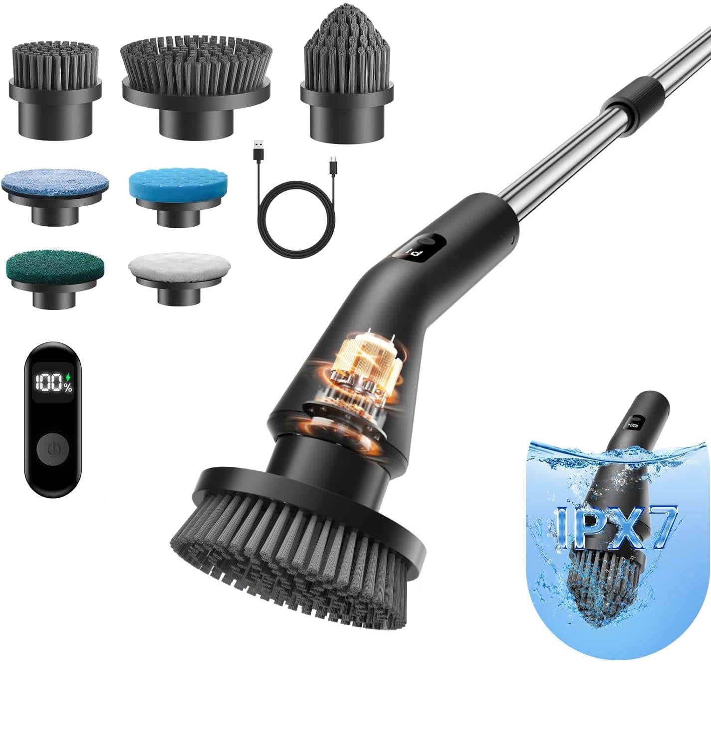 Cordless Electric Grout Brush, Spin Scrubber with Extendable Long Handle for Bathroom and Floor