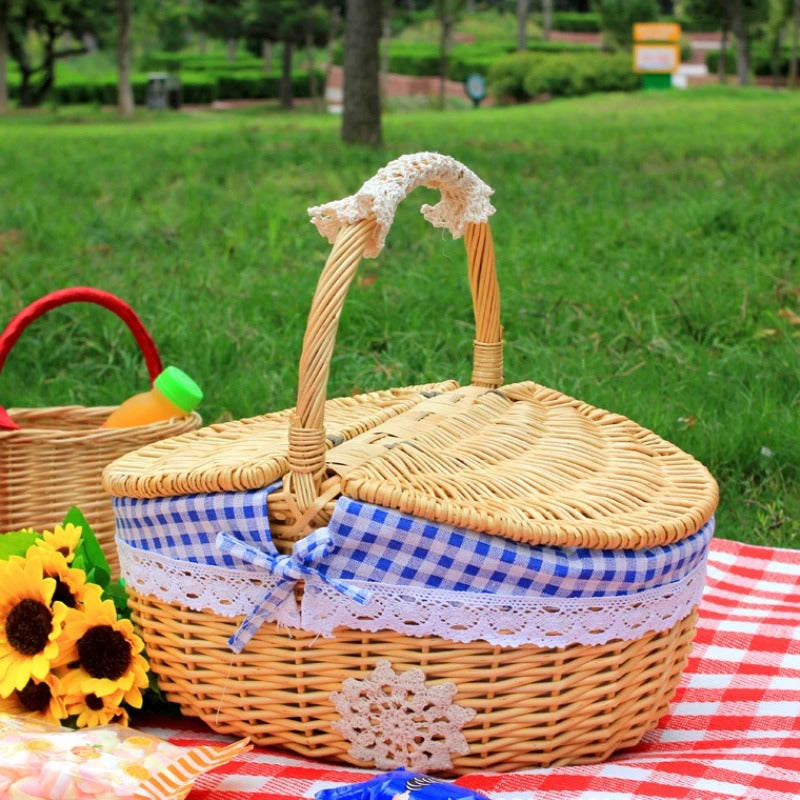 Oval Willow Picnic Basket with Dual Lids and Removable Cotton Liner